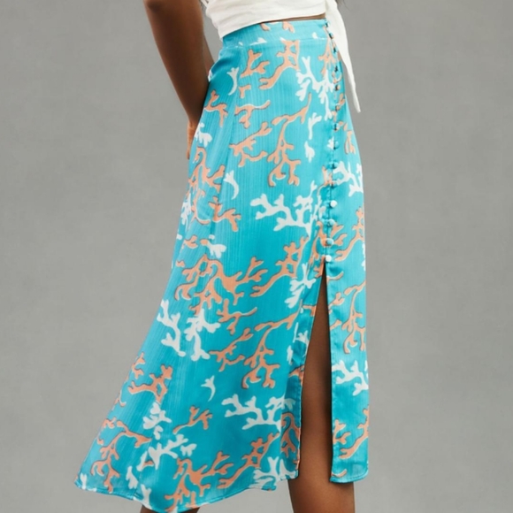Anthropologie | Maeve A-Line Button Front Midi Skirt Blue Motif Sz US2 EU 34 - Picture 10 of 12